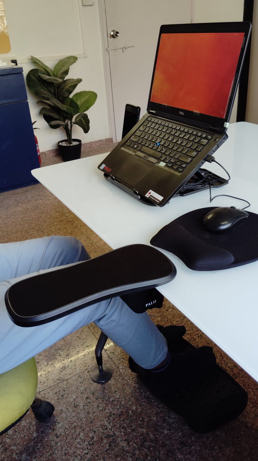 Desk makeover showing transformation to ergonomic comfort.