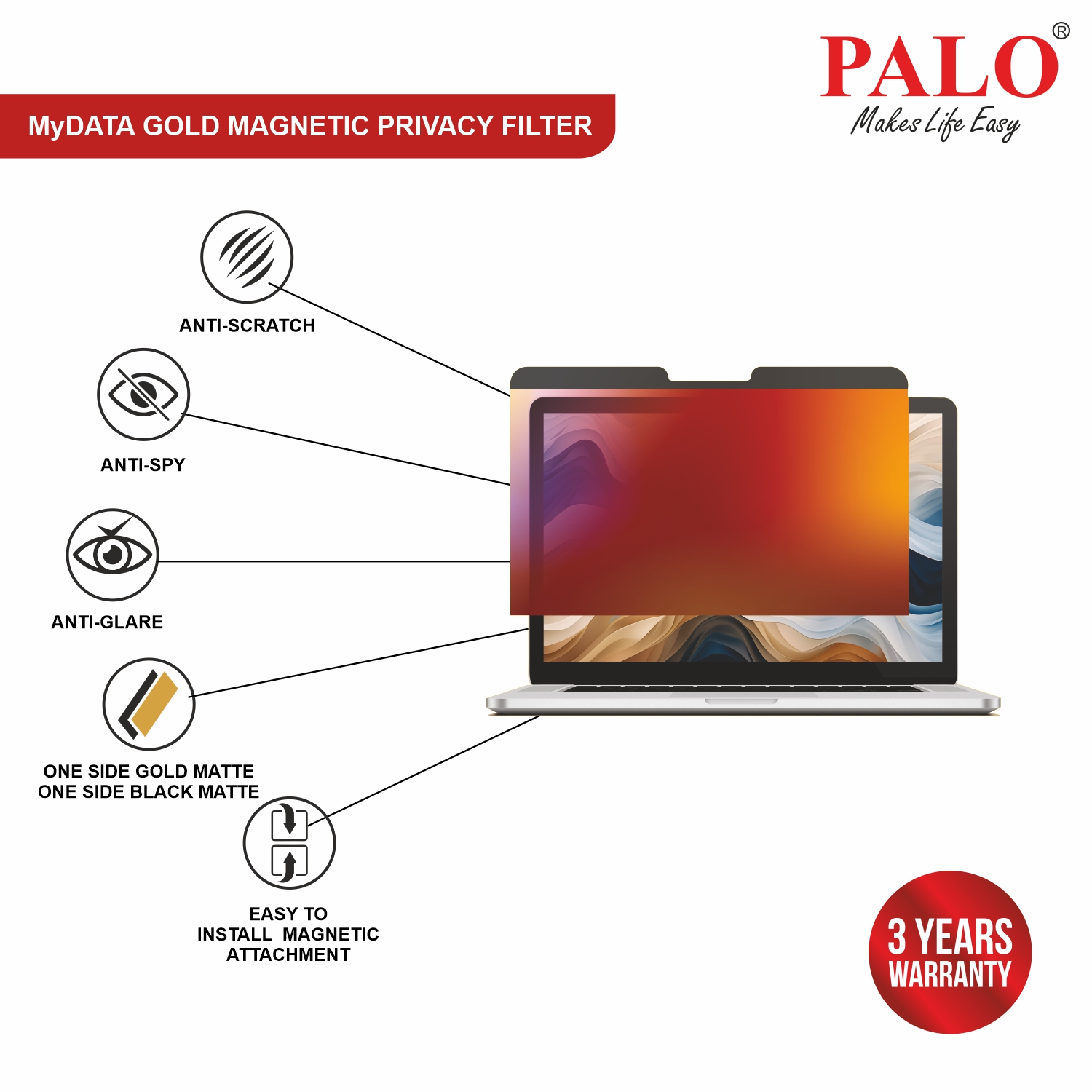 PALO MyDATA GMAPF133 Magnetic Gold Privacy Filter for Apple  M1 Macbook Air / Pro 13 inch